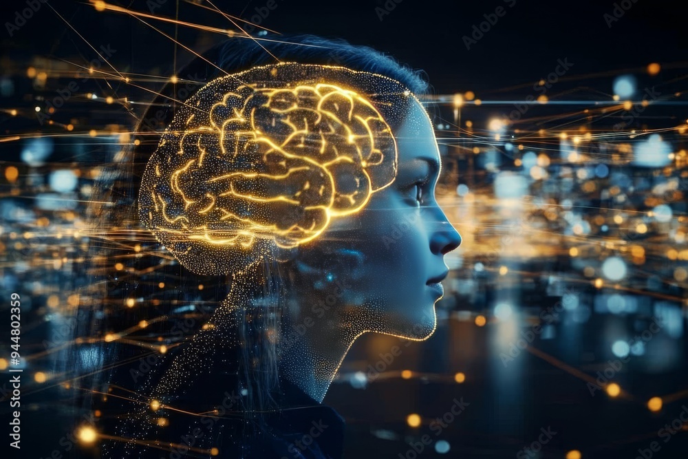 A futuristic digital portrait of a woman with a glowing brain symbolizing the power of thought cognitive enhancement and the integration of technology in a high tech world A futuristic digital portrait of a woman with a glowing brain symbolizing the power of thought cognitive enhancement and the integration of technology in a high tech world
