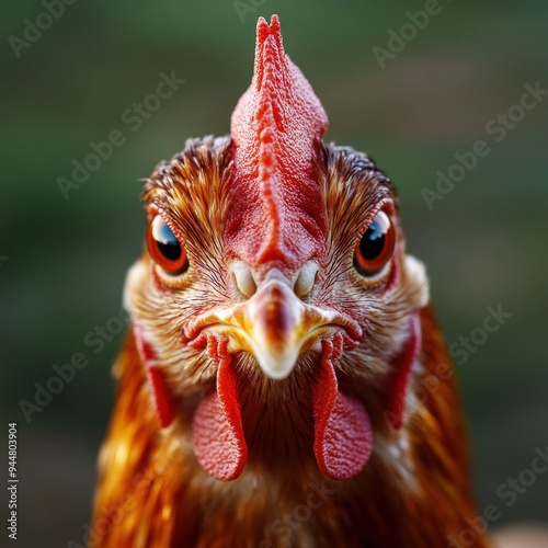 Chicken face portrait, farm chicken background