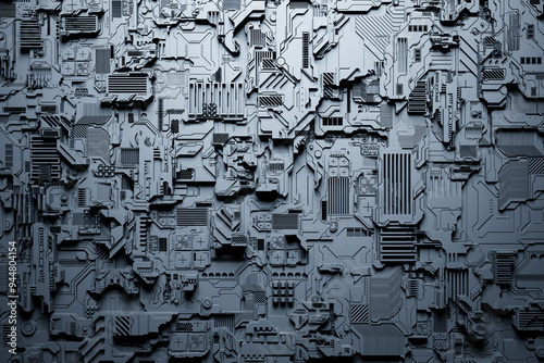 Detail of a futuristic  machine. 3D illustration of a futuristic wall made of various details. Cyberpunk background. Industrial wallpaper. Grunge details