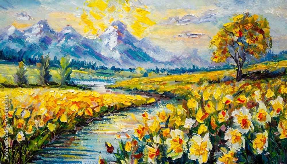 Fototapeta premium Oil Painting of a Vibrant Meadow on Canvas Featuring Yell Flowers Amidst a Colorful Landscape, Showcasing Impressionist Techniques to Capture the Beauty and Charm of a Flower-Filled Meadow in Stunning