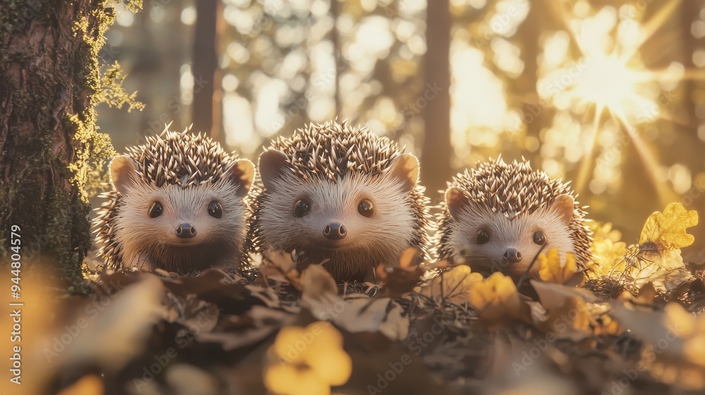 Cute Hedgehog Family in Autumn Forest Cute Hedgehog Family in Autumn Forest