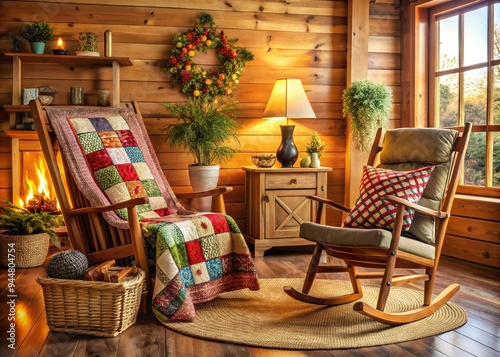 Warmly lit retirees' cozy living room featuring wooden rocking chair, handmade quilts, and vintage decor, showcasing their DIY handywork and comfortable home atmosphere. photo