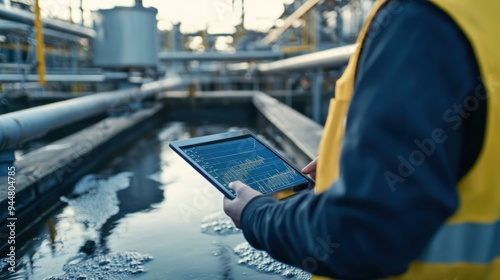 Close-up of engineer's hand holding tablet displaying wastewater treatment data.