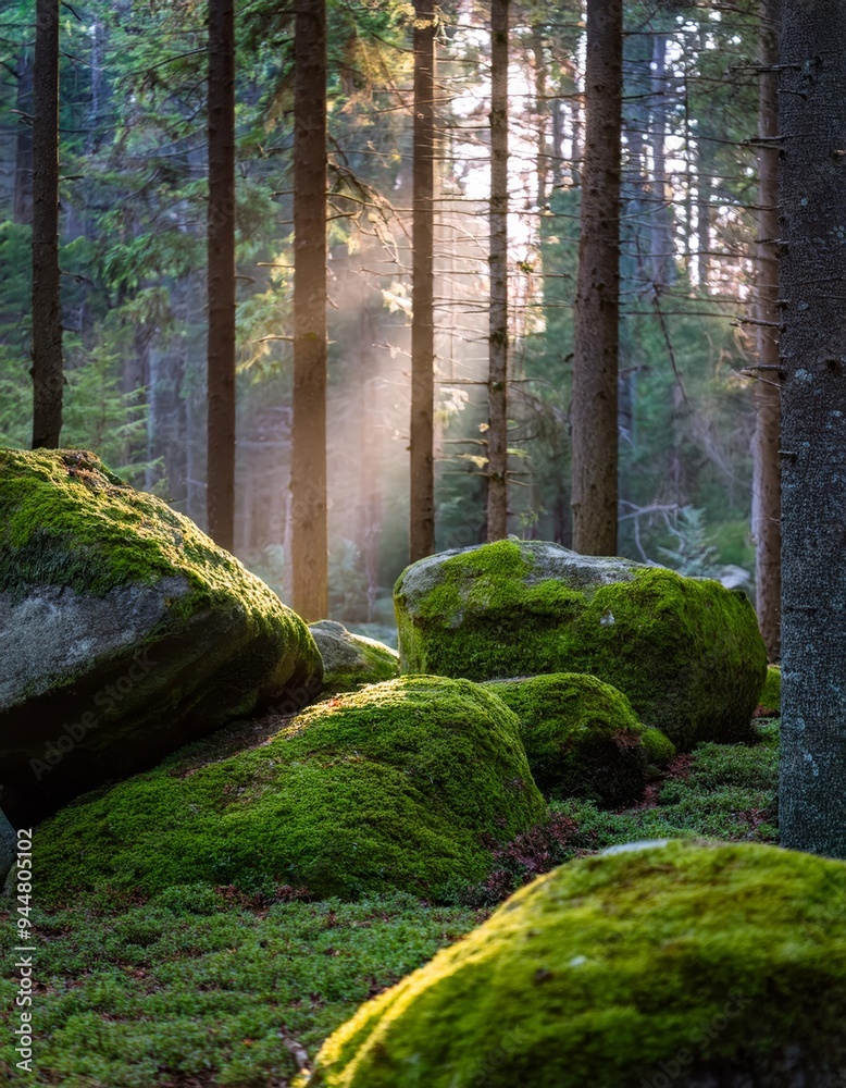 Mossy boulders in the forest in the rays of the setting sun Mossy boulders in the forest in the rays of the setting sun