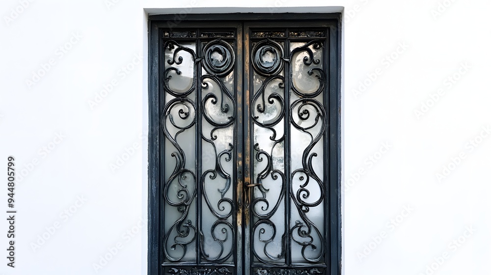 66. **An ornate French door with glass panels and intricate metalwork, set against a pristine white background. 66. **An ornate French door with glass panels and intricate metalwork, set against a pristine white background.