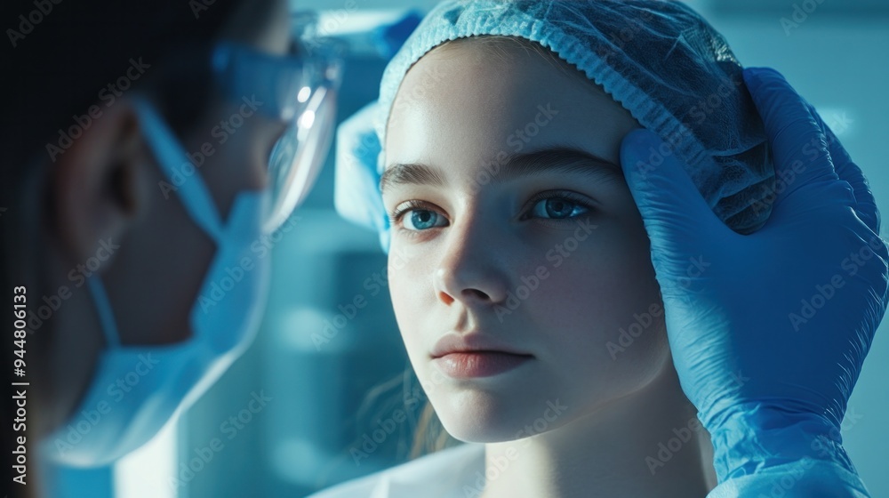 Doctor assesses the facial proportions of a young woman in preparation for plastic surgery Doctor assesses the facial proportions of a young woman in preparation for plastic surgery