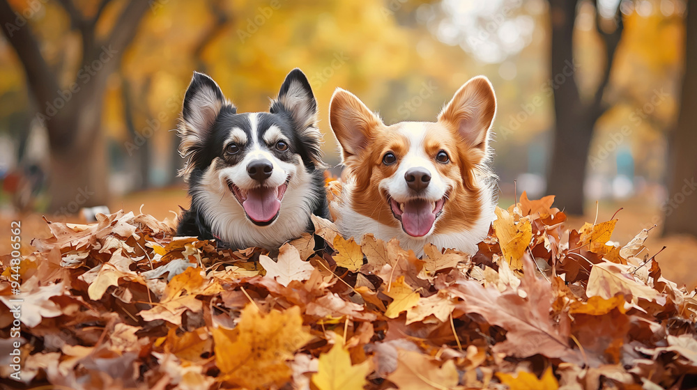 Two dogs playing in the heap of leaves in autumn park Two dogs playing in the heap of leaves in autumn park