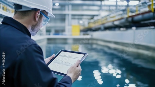 Engineer using a tablet to control water purification processes at a wastewater treatment facility