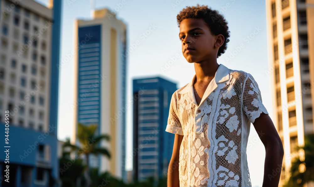 Fototapeta premium A young boy stands in front of a tall city building, looking toward the horizon