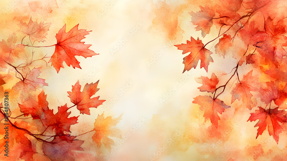 Watercolor Painting Style A soft, artistic interpretation of an autumn background, with watercolor brushstrokes creating a dreamy, fluid effect. The maple leaves are painted in warm Watercolor Painting Style A soft, artistic interpretation of an autumn background, with watercolor brushstrokes creating a dreamy, fluid effect. The maple leaves are painted in warm
