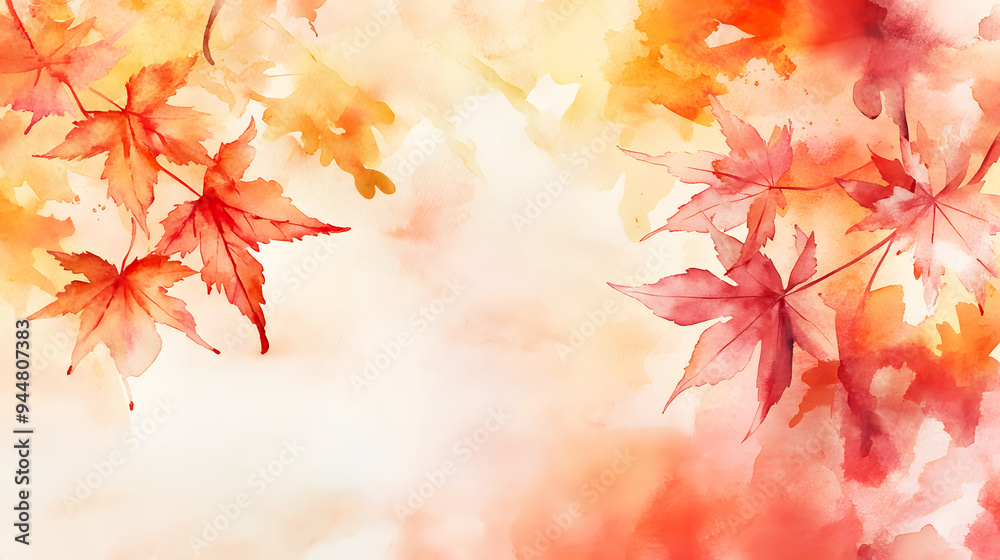 Watercolor Painting Style A soft, artistic interpretation of an autumn background, with watercolor brushstrokes creating a dreamy, fluid effect. The maple leaves are painted in warm