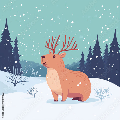 A cute Capybara reindeer sits peacefully in snowy landscape, surrounded by tall evergreen trees. scene evokes sense of tranquility and winter wonder.