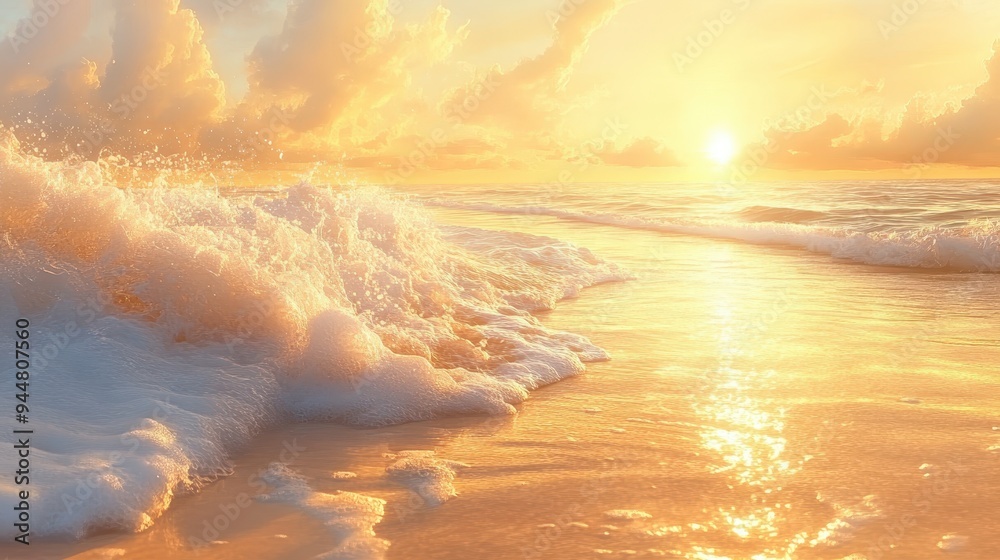 Golden Sunset Ocean Waves on Sandy Beach Golden Sunset Ocean Waves on Sandy Beach