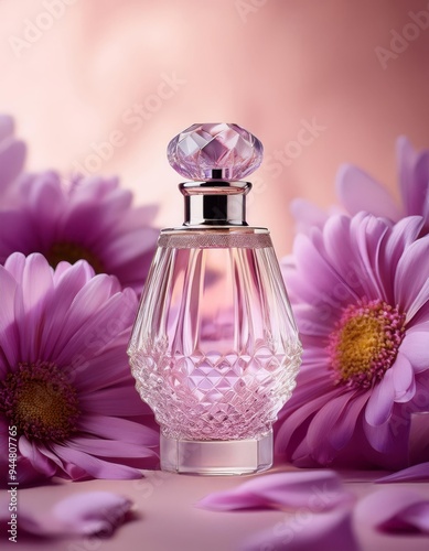 Perfume bottle with pink rose petals on a purple background