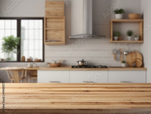 Wooden Tabletop with Blurred Kitchen Background