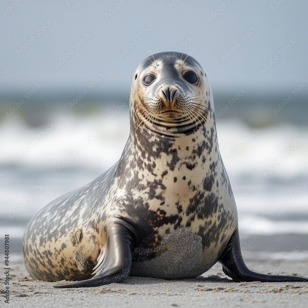 Obraz premium A little grey seal is sunbathing on the beach by the sea, enjoying the sunshine.