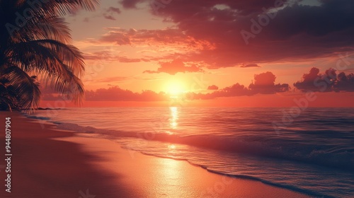 Tropical Sunset Beach Ocean Waves Palm Trees Golden Hour