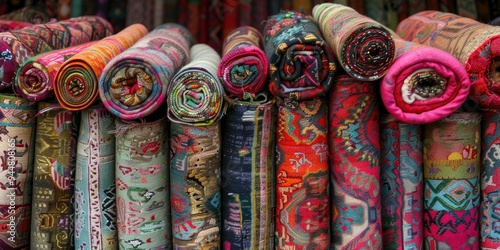 Recycling Partially Rolled Up Colorful Old Carpets photo