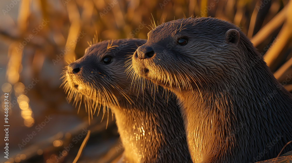 Otters from the Side in a Close-Up View at Late Afternoon, Showcasing Detailed Fur and Playful Behavior Otters from the Side in a Close-Up View at Late Afternoon, Showcasing Detailed Fur and Playful Behavior