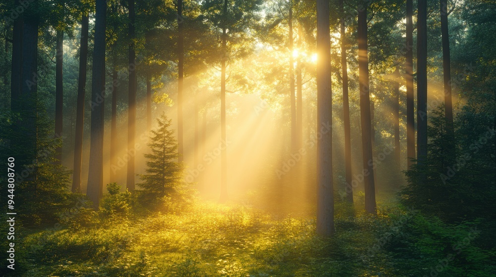 Sunbeams Through Forest Trees and Fog Sunbeams Through Forest Trees and Fog