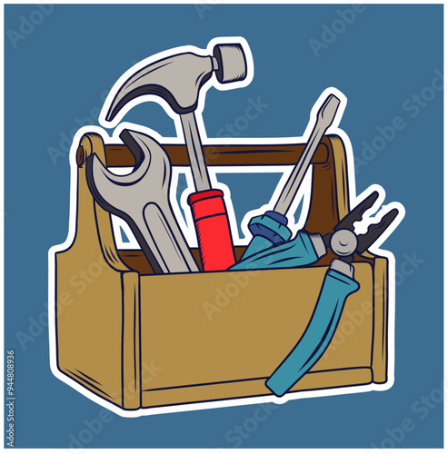 Wooden toolbox full of repair or construction instrument vector cartoon illustration