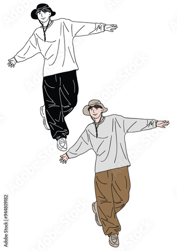 A man wearing a hat is walking cheerfully.
Hand drawn color Illustration.	