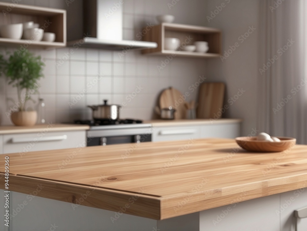 Wooden Kitchen Island Countertop with Blurred Background Wooden Kitchen Island Countertop with Blurred Background