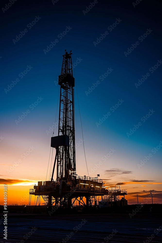 A drilling rig silhouetted against the dawn sky, with the first light of day breaking over the horizon. The rig stands tall A drilling rig silhouetted against the dawn sky, with the first light of day breaking over the horizon. The rig stands tall