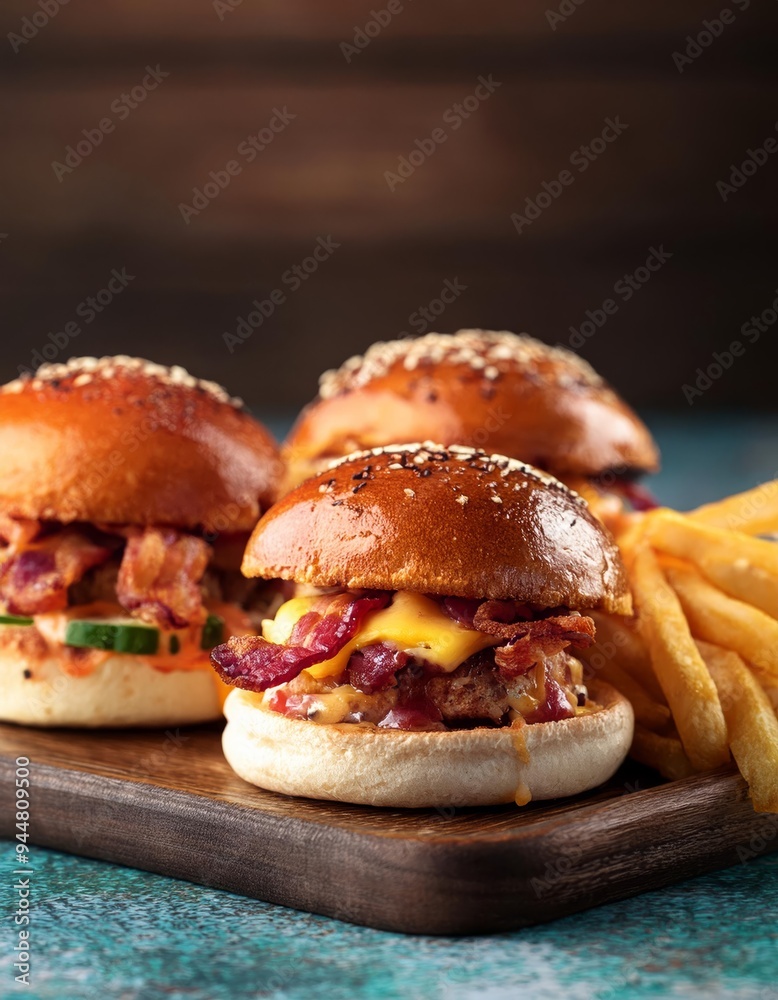 Homemade hamburgers with bacon and french fries on wooden board Homemade hamburgers with bacon and french fries on wooden board