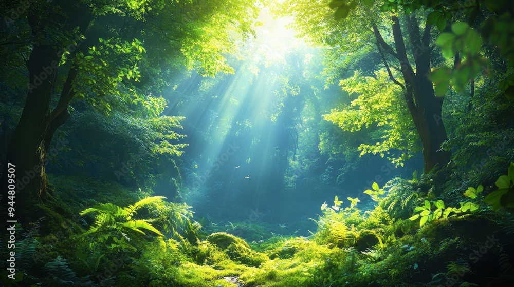 Sunbeams Through Lush Green Forest Canopy Sunbeams Through Lush Green Forest Canopy