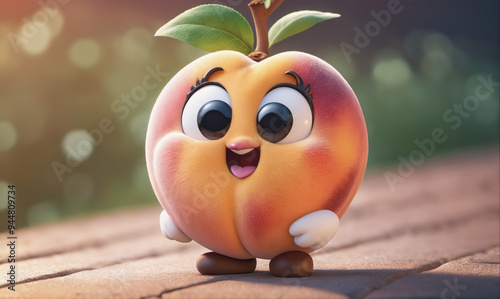 A cute, cartoon peach smiles at the camera while standing on a wooden surface