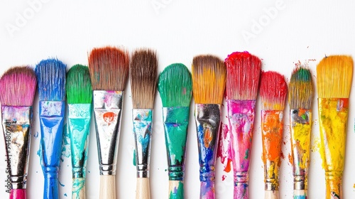 Row Of Messy Colorful Paint Brushes On Isolated White Background - Creativity Concept with generative ai