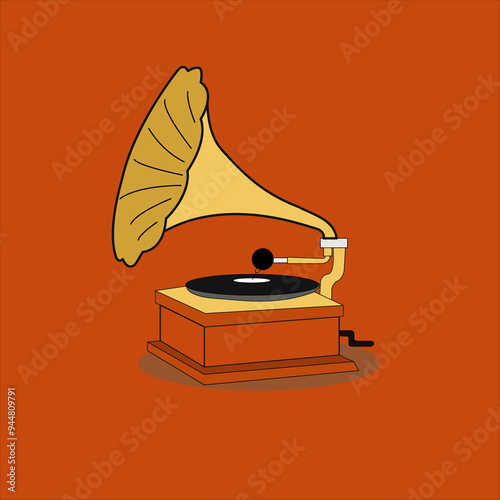A detailed vector illustration of a vintage gramophone with an ornate horn and wooden base. The design captures the classic elegance of early 20th-century music players.