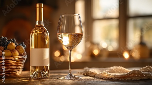 Wallpaper Mural Elegant White Wine Glass and Bottle on Stylish Pedestal, Highlighting the Freshness and Lightness of the Wine in Soft, Gentle Lighting. Capturing the Essence of Graceful and Relaxed Elegance Torontodigital.ca