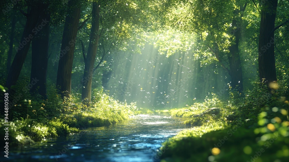 Fototapeta premium Sunlight through Trees and Stream in Lush Green Forest