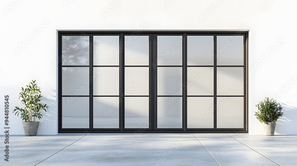 55. **A contemporary French window with a large glass area and slim metal frame, rendered on a pristine white background. 55. **A contemporary French window with a large glass area and slim metal frame, rendered on a pristine white background.