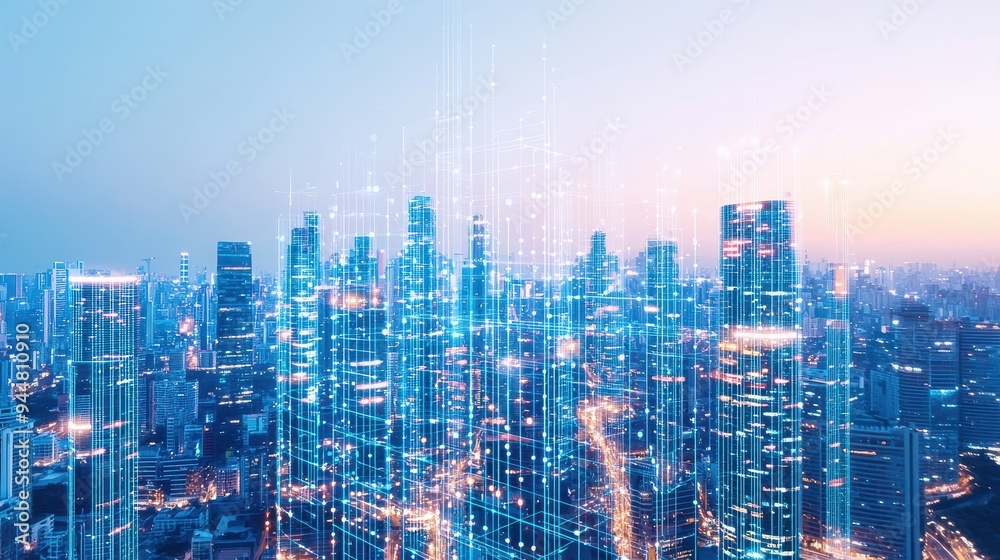 Futuristic Cityscape with Network Connections Futuristic Cityscape with Network Connections