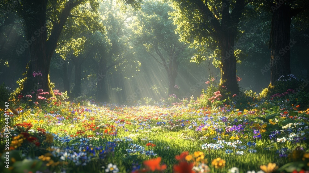 Obraz premium Sunbeams Through Forest Canopy Over Colorful Wildflower Meadow