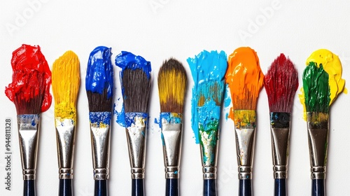 Row Of Messy Colorful Paint Brushes On Isolated White Background - Creativity Concept with generative ai