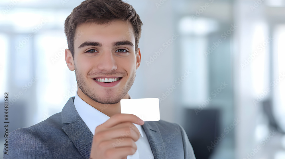 Close-up photo of a smiling young businessman slightly tilting the credit card toward the camera, with a playful expression, as if inviting the viewer to make a purchase Close-up photo of a smiling young businessman slightly tilting the credit card toward the camera, with a playful expression, as if inviting the viewer to make a purchase