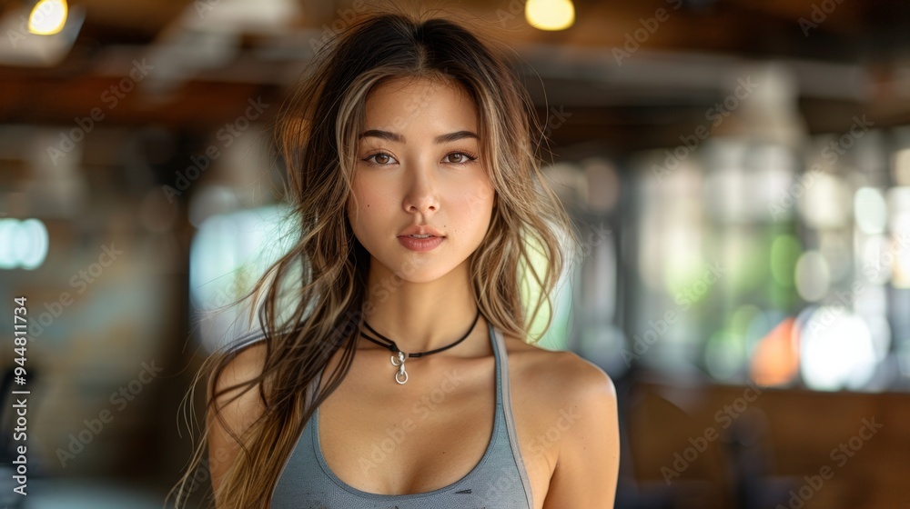 A 25-year-old Chinese woman in a gym setting. She wears stylish leggings, has a fit physique, long elegant hair, double eyelids, and a belly piercing. A 25-year-old Chinese woman in a gym setting. She wears stylish leggings, has a fit physique, long elegant hair, double eyelids, and a belly piercing.