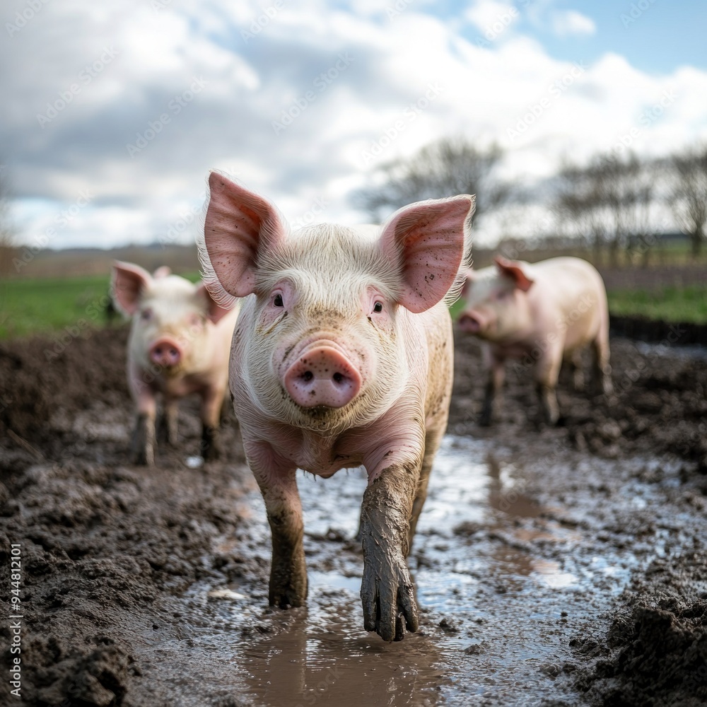 Pigs are raised freely in mud pens on the farm. Welfare and care of farm animals. Sex selection of livestock. Pigs are raised freely in mud pens on the farm. Welfare and care of farm animals. Sex selection of livestock.