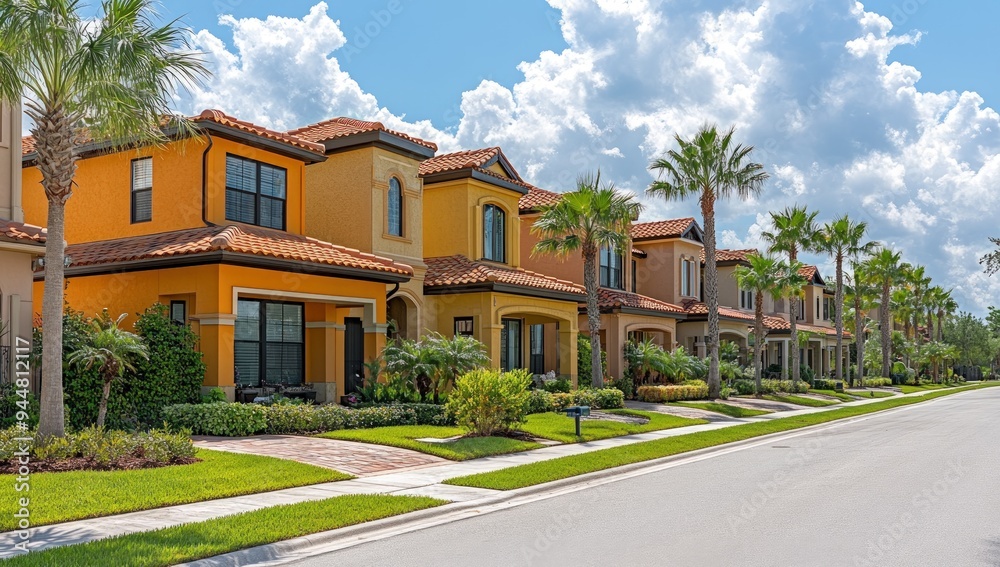 Suburban Street With Colorful Homes and Lush Greenery. Suburban Street With Colorful Homes and Lush Greenery.