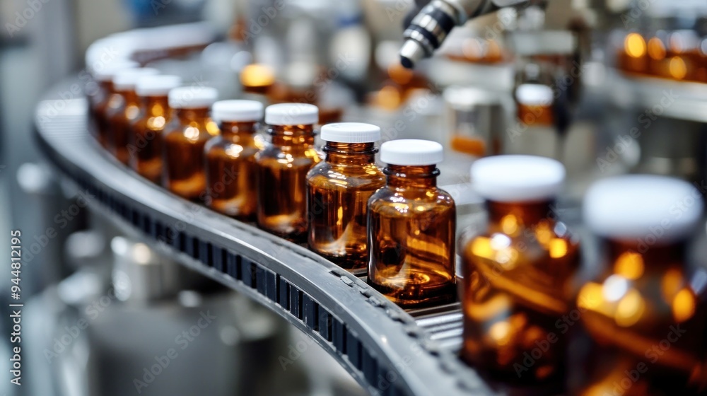 Production line with glass medicine bottles being inspected by automated machinery --ar 16:9 --v 6.1 Job ID: b09646b4-5a24-45a3-900f-4b77fff5fe56 Production line with glass medicine bottles being inspected by automated machinery --ar 16:9 --v 6.1 Job ID: b09646b4-5a24-45a3-900f-4b77fff5fe56