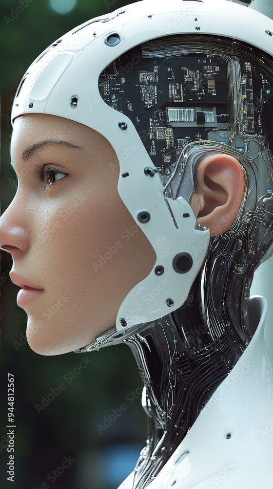 Fototapeta premium AI-powered robot, sleek design, glowing circuits, soft spotlight