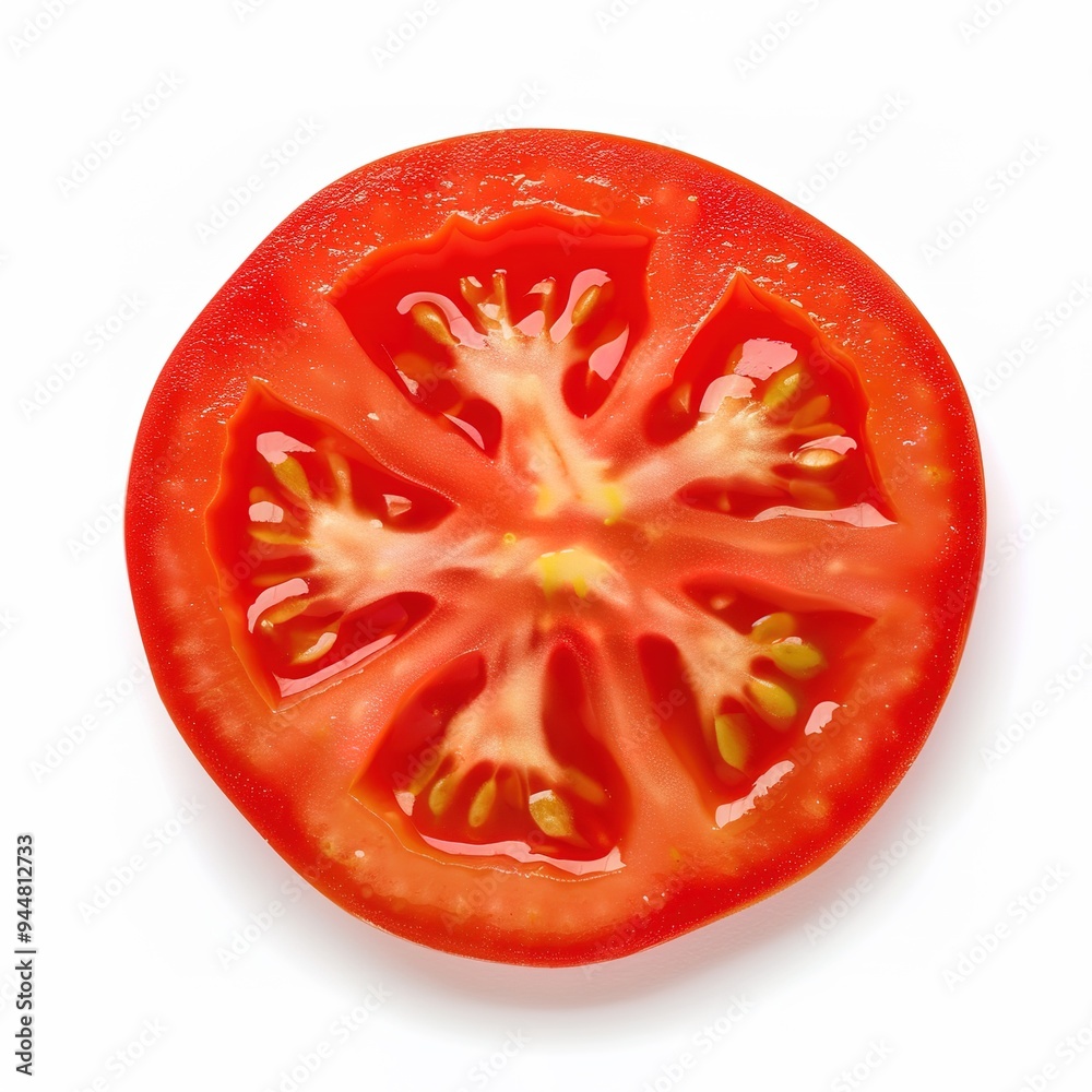 Fresh Tomato Slice on a White Background, Showcasing the Vibrant Red Color and Juicy Texture. Ideal for Representing Fresh Produce and Culinary Ingredients in a Clean and Simple Presentation Fresh Tomato Slice on a White Background, Showcasing the Vibrant Red Color and Juicy Texture. Ideal for Representing Fresh Produce and Culinary Ingredients in a Clean and Simple Presentation