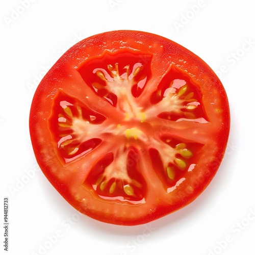 Wallpaper Mural Fresh Tomato Slice on a White Background, Showcasing the Vibrant Red Color and Juicy Texture. Ideal for Representing Fresh Produce and Culinary Ingredients in a Clean and Simple Presentation Torontodigital.ca