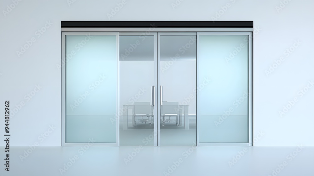 Fototapeta premium 60. **A modern sliding glass door with a sleek handle and clear panels, rendered on a pristine white background.