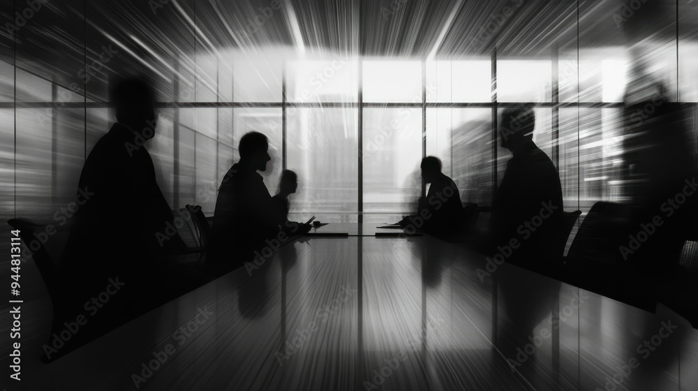 Silhouetted Figures in a Meeting Room with Blurred Light Streaks Silhouetted Figures in a Meeting Room with Blurred Light Streaks