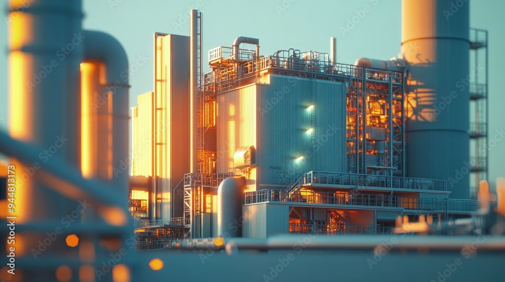 Obraz premium Biomass power station close-up, green energy, industrial setting, warm light